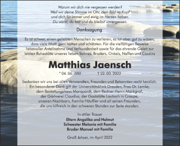 Traueranzeige von Matthias Jaensch von lausitzer_rundschau