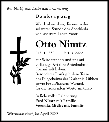 Traueranzeige von Otto Nimtz von lausitzer_rundschau