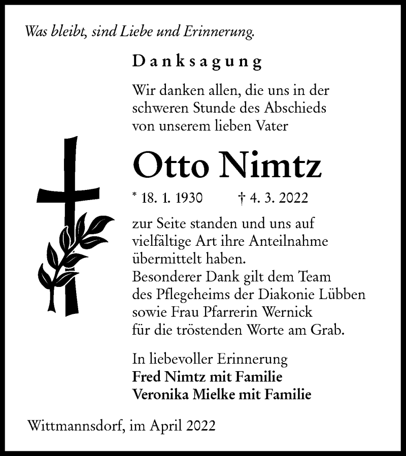  Traueranzeige für Otto Nimtz vom 16.04.2022 aus lausitzer_rundschau