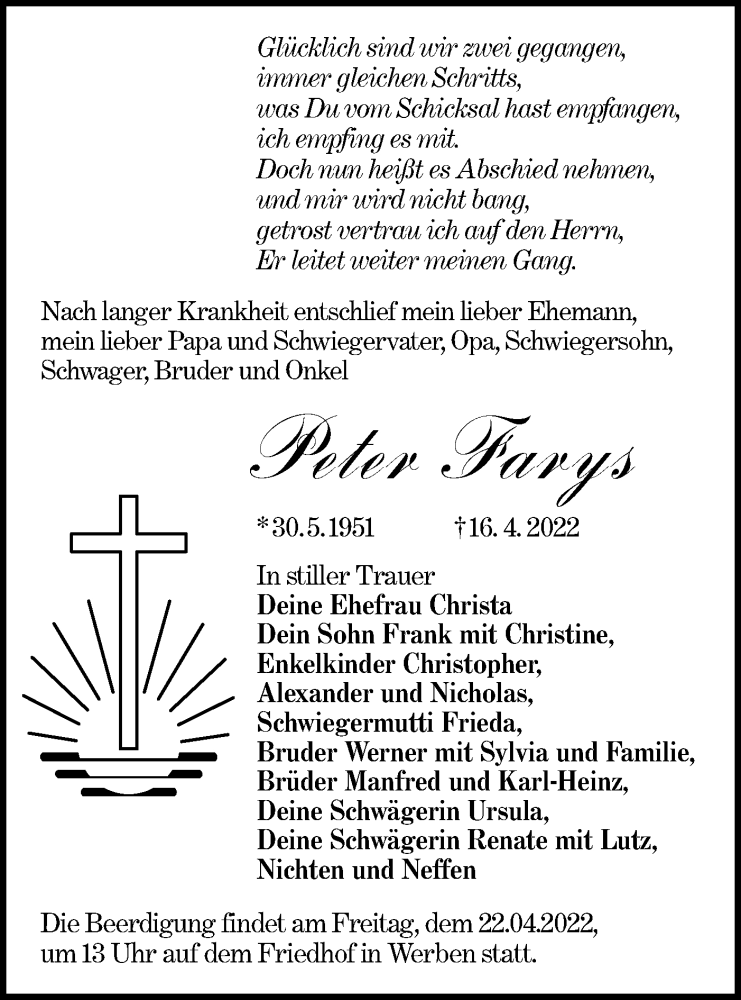  Traueranzeige für Peter Farys vom 20.04.2022 aus lausitzer_rundschau