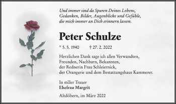 Traueranzeige von Peter Schulze von lausitzer_rundschau