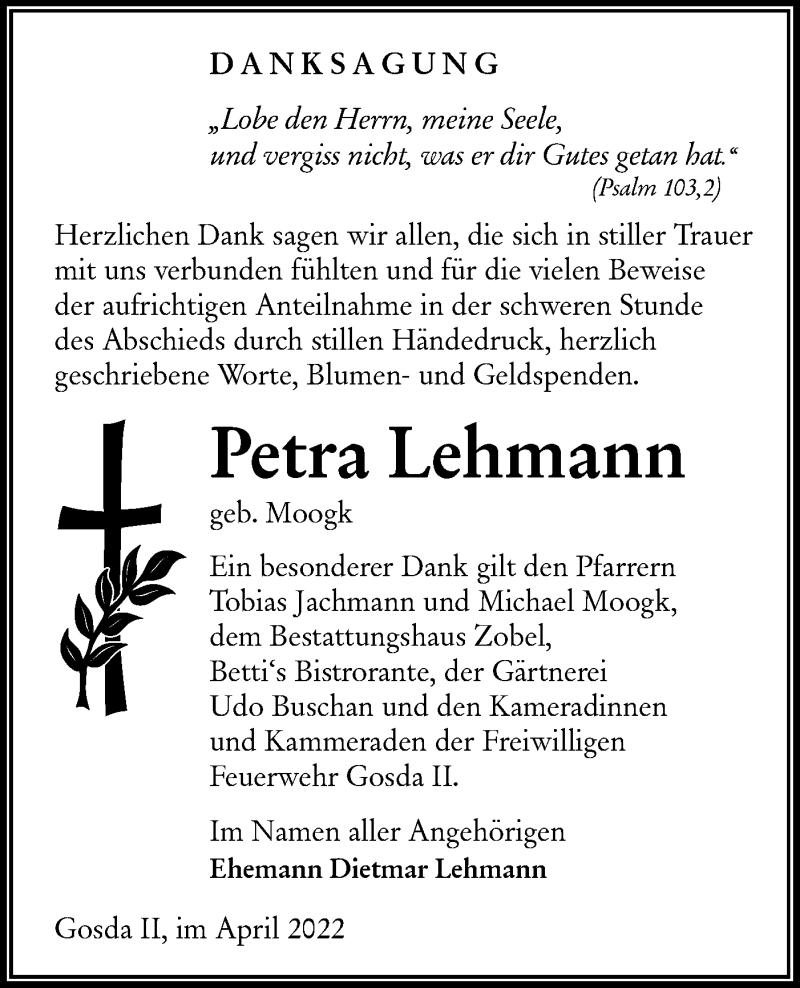  Traueranzeige für Petra Lehmann vom 30.04.2022 aus lausitzer_rundschau