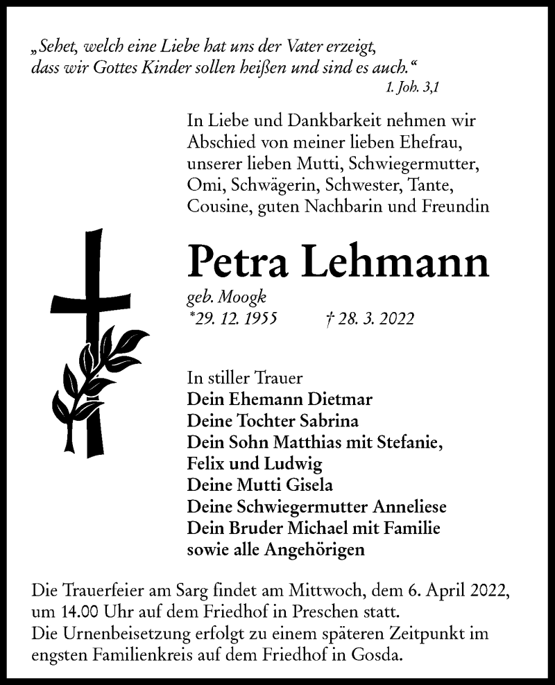  Traueranzeige für Petra Lehmann vom 02.04.2022 aus lausitzer_rundschau