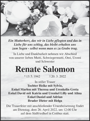Traueranzeige von Renate Salomon von lausitzer_rundschau