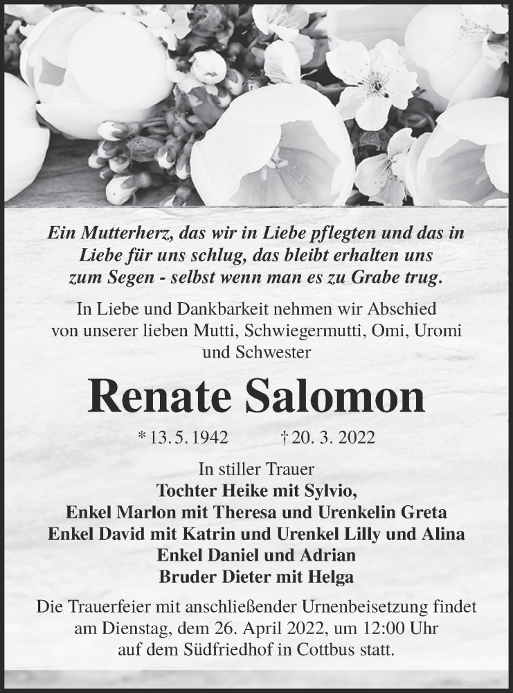  Traueranzeige für Renate Salomon vom 02.04.2022 aus lausitzer_rundschau