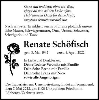 Traueranzeige von Renate Schöfisch von lausitzer_rundschau