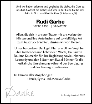 Traueranzeige von Rudi Garbe von lausitzer_rundschau