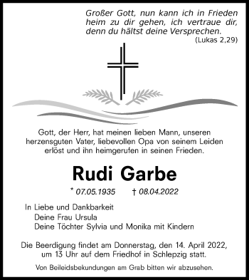 Traueranzeige von Rudi Garbe von lausitzer_rundschau