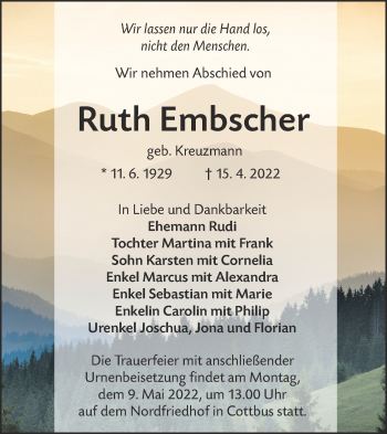 Traueranzeige von Ruth Embscher von lausitzer_rundschau