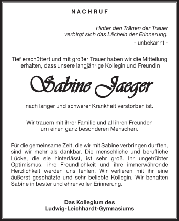 Traueranzeige von Sabine Jaeger von lausitzer_rundschau