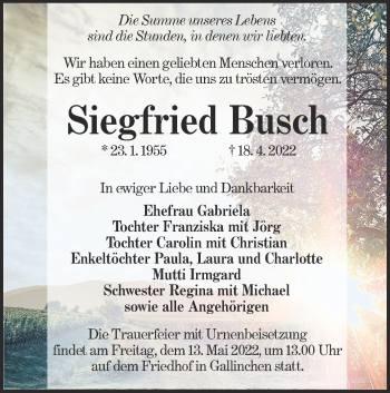 Traueranzeige von Siegfried Busch von lausitzer_rundschau