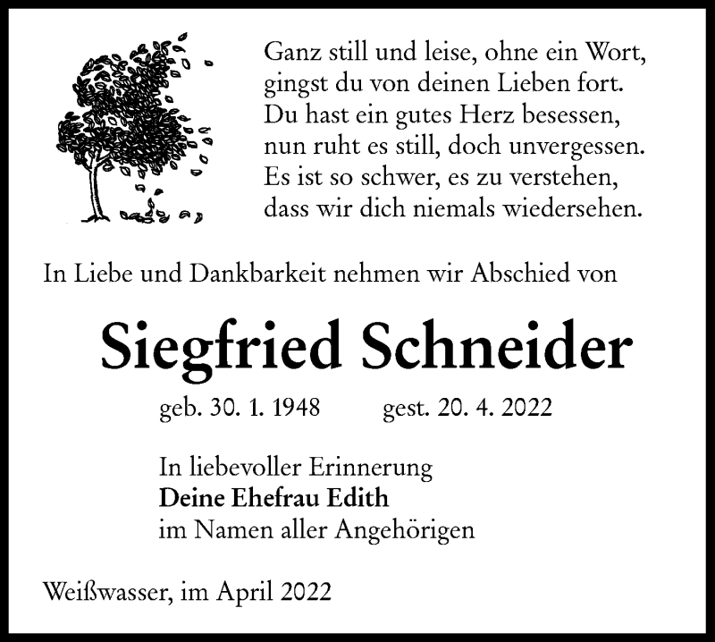 Traueranzeige für Siegfried Schneider vom 23.04.2022 aus lausitzer_rundschau