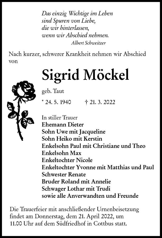  Traueranzeige für Sigrid Möckel vom 09.04.2022 aus lausitzer_rundschau