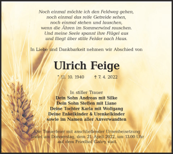 Traueranzeige von Ulrich Feige von lausitzer_rundschau