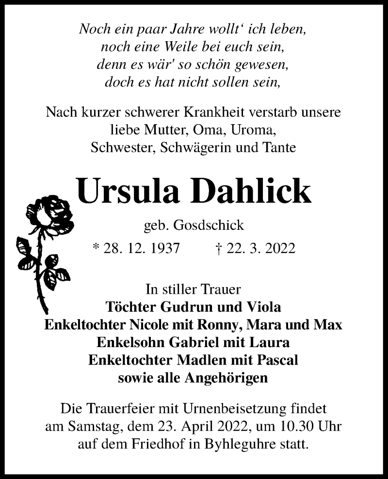  Traueranzeige für Ursula Dahlick vom 09.04.2022 aus lausitzer_rundschau