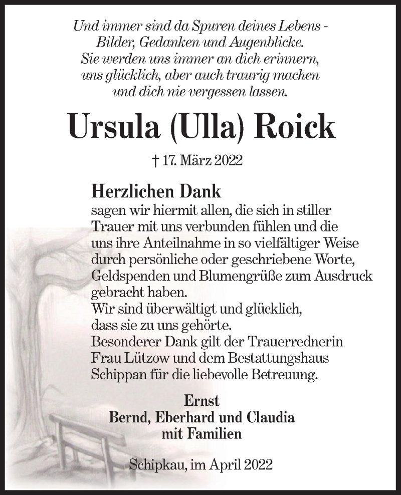  Traueranzeige für Ursula Roick vom 30.04.2022 aus lausitzer_rundschau