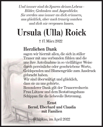 Traueranzeige von Ursula Roick von lausitzer_rundschau