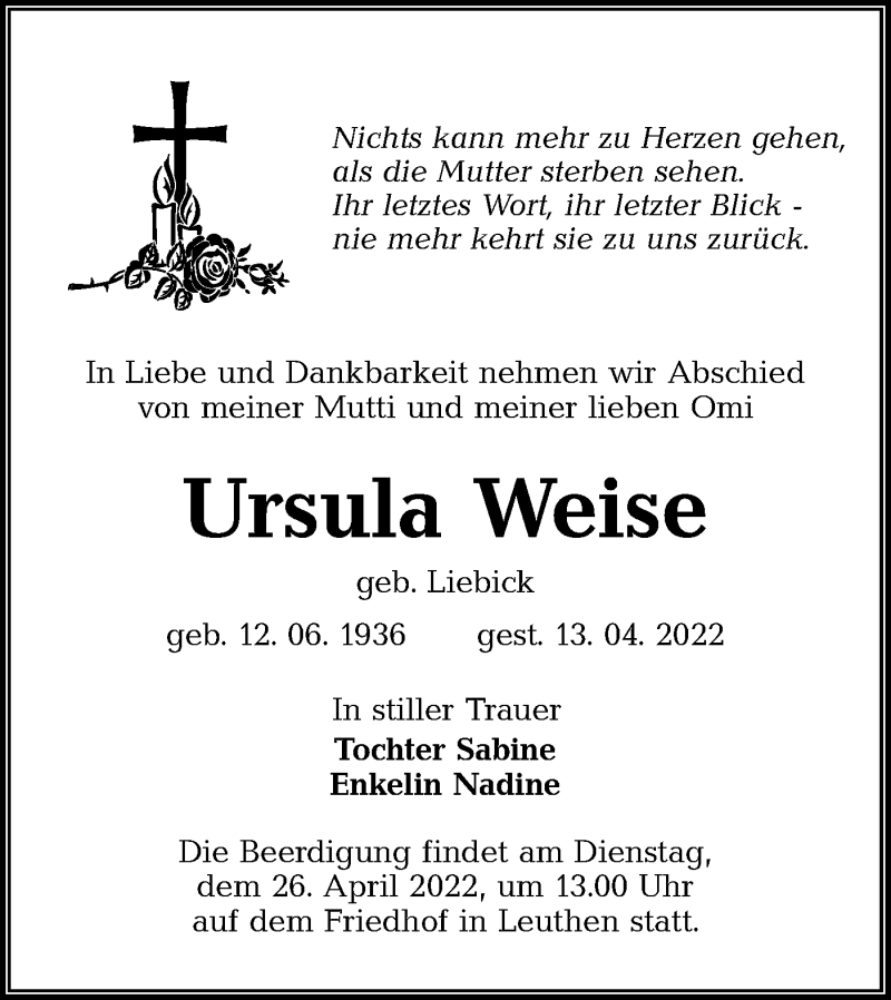  Traueranzeige für Ursula Weise vom 23.04.2022 aus lausitzer_rundschau