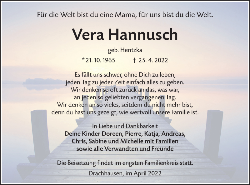  Traueranzeige für Vera Hannusch vom 28.04.2022 aus lausitzer_rundschau