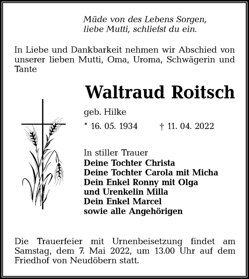  Traueranzeige für Waltraud Roitsch vom 30.04.2022 aus lausitzer_rundschau