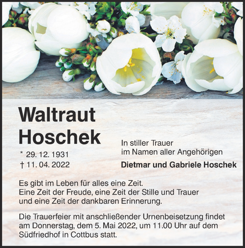  Traueranzeige für Waltraut Hoschek vom 23.04.2022 aus lausitzer_rundschau