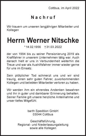 Traueranzeige von Werner Nitschke von lausitzer_rundschau