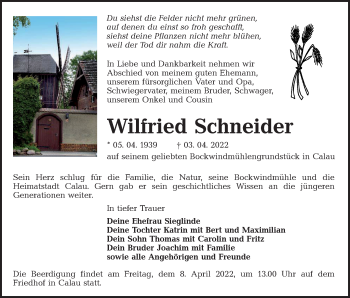 Traueranzeige von Wilfried Schneider von lausitzer_rundschau