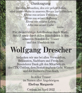 Traueranzeige von Wolfgang Drescher von lausitzer_rundschau