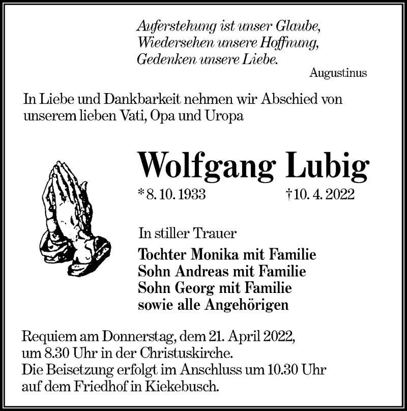  Traueranzeige für Wolfgang Lubig vom 16.04.2022 aus lausitzer_rundschau