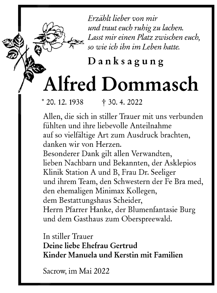  Traueranzeige für Alfred Dommasch vom 21.05.2022 aus lausitzer_rundschau