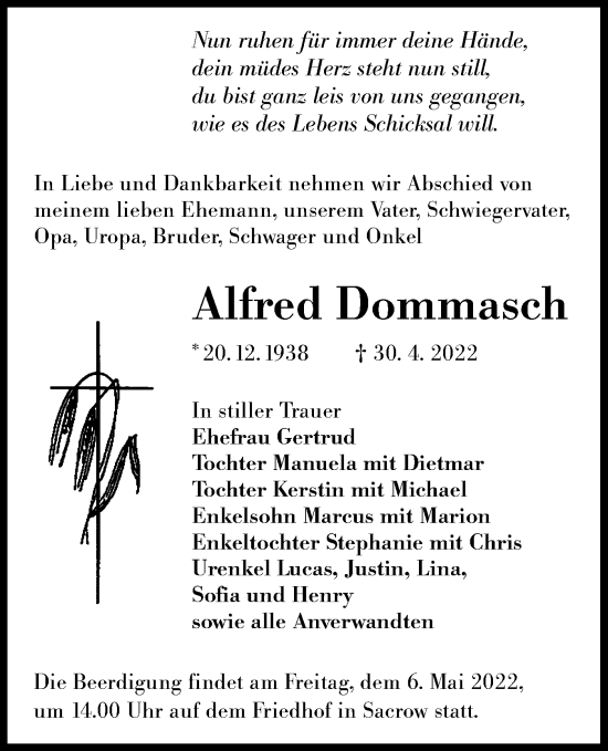 Traueranzeige von Alfred Dommaseh von lausitzer_rundschau