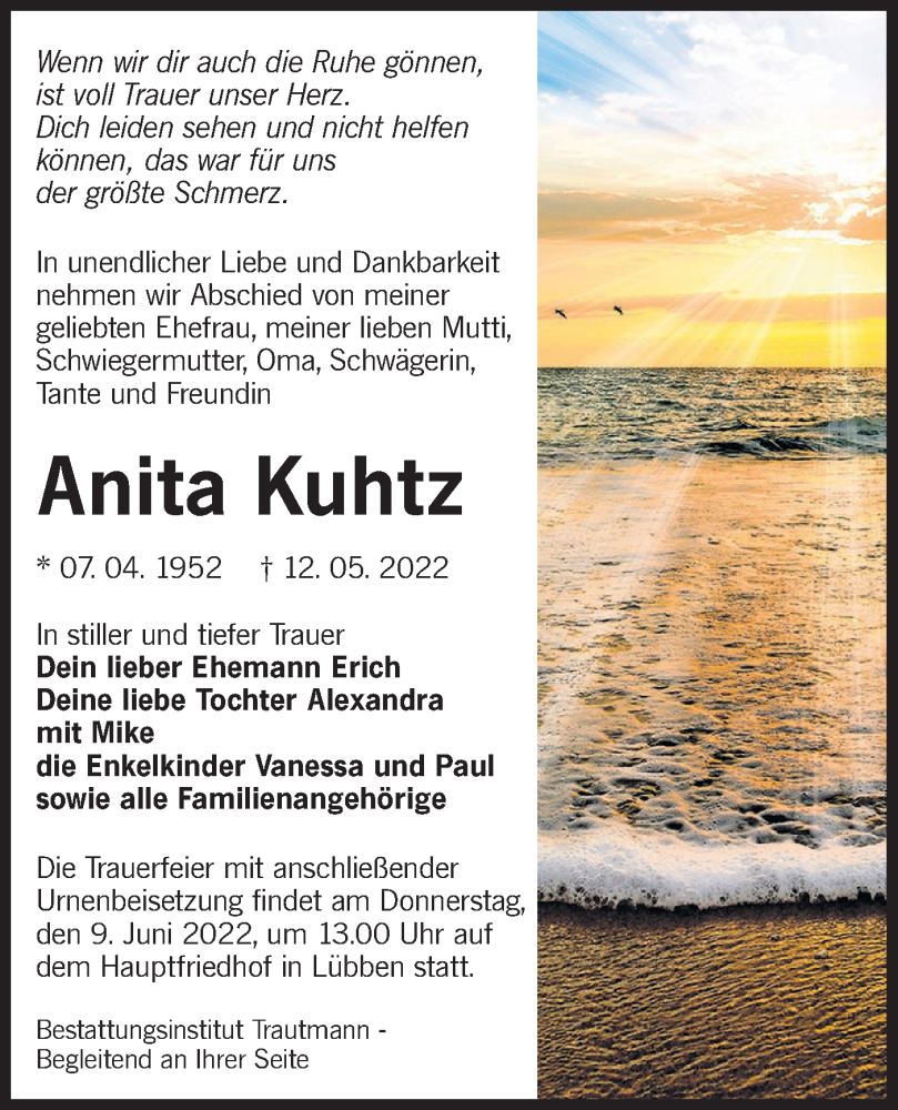  Traueranzeige für Anita Kuhtz vom 21.05.2022 aus lausitzer_rundschau