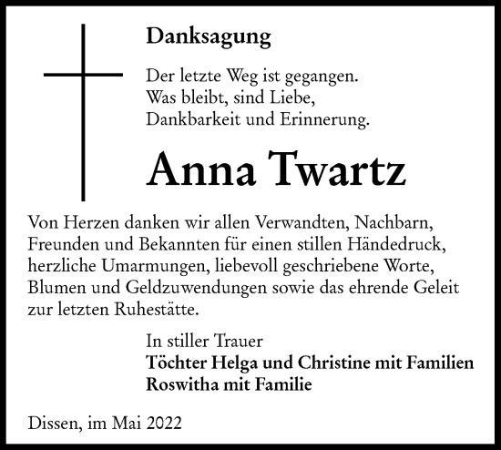 Traueranzeige von Anna Twartz von lausitzer_rundschau