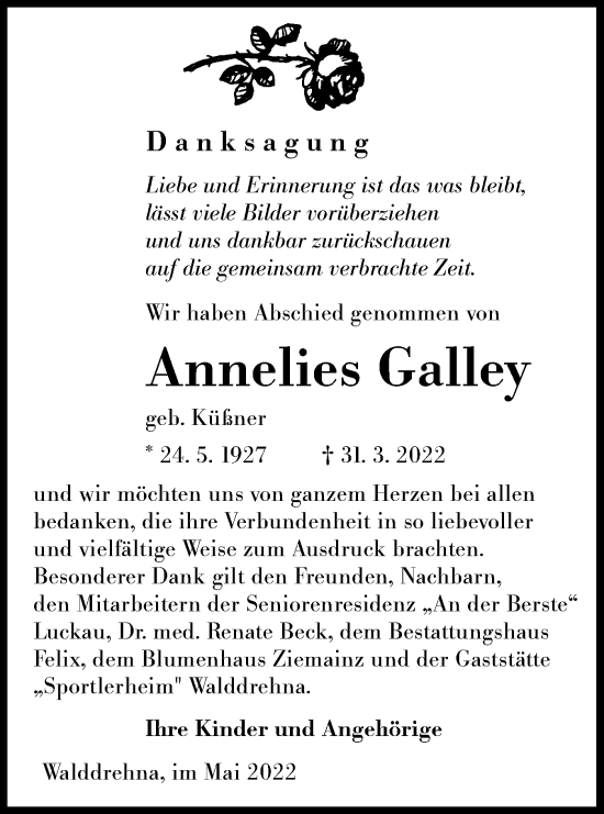 Traueranzeige von Annelies Galley von lausitzer_rundschau