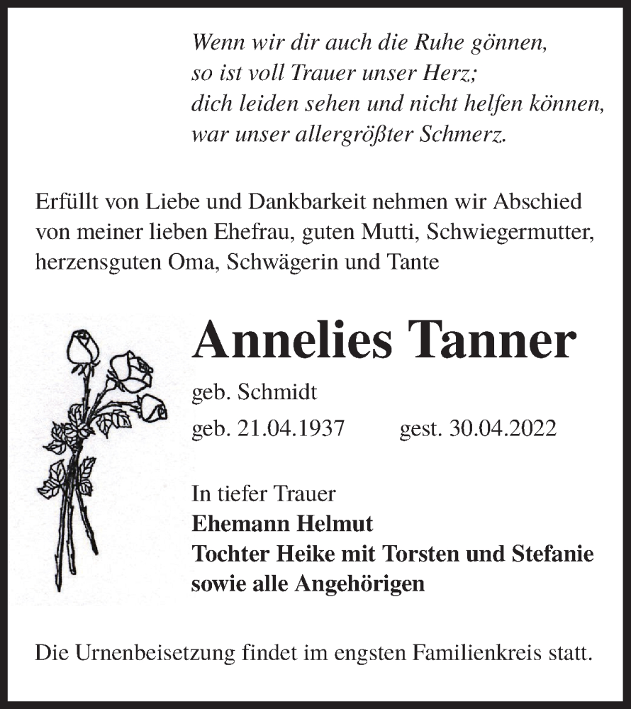  Traueranzeige für Annelies Tanner vom 07.05.2022 aus lausitzer_rundschau