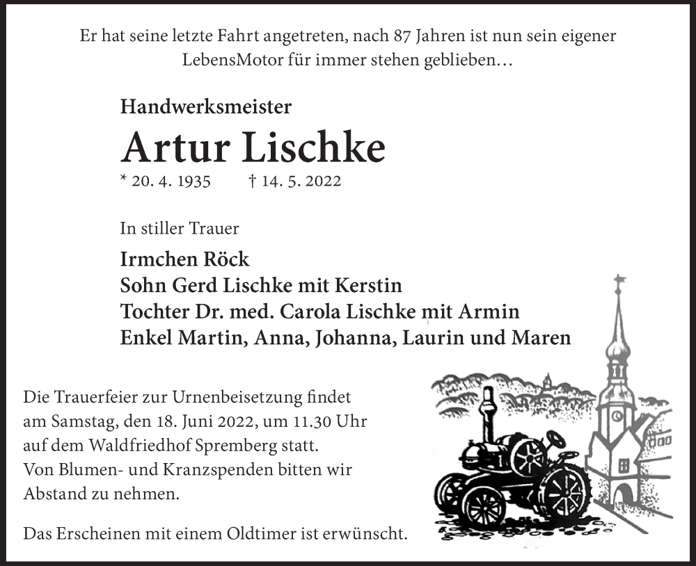  Traueranzeige für Artur Lischke vom 28.05.2022 aus lausitzer_rundschau