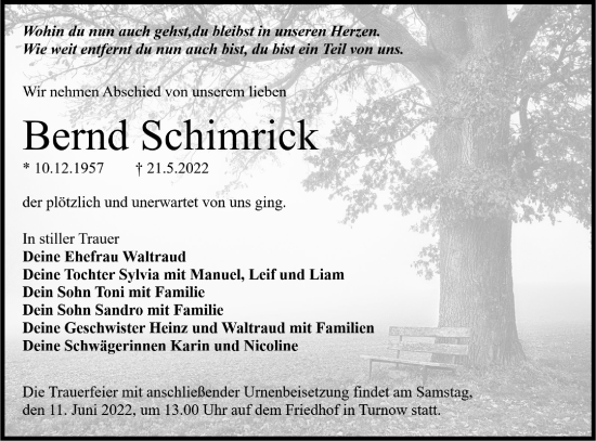 Traueranzeige von Bernd Schimrick von lausitzer_rundschau