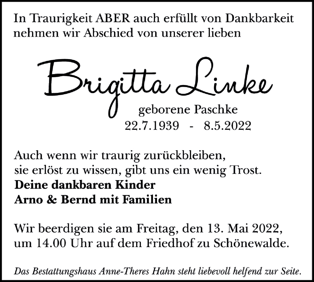  Traueranzeige für Brigitta Linke vom 11.05.2022 aus lausitzer_rundschau