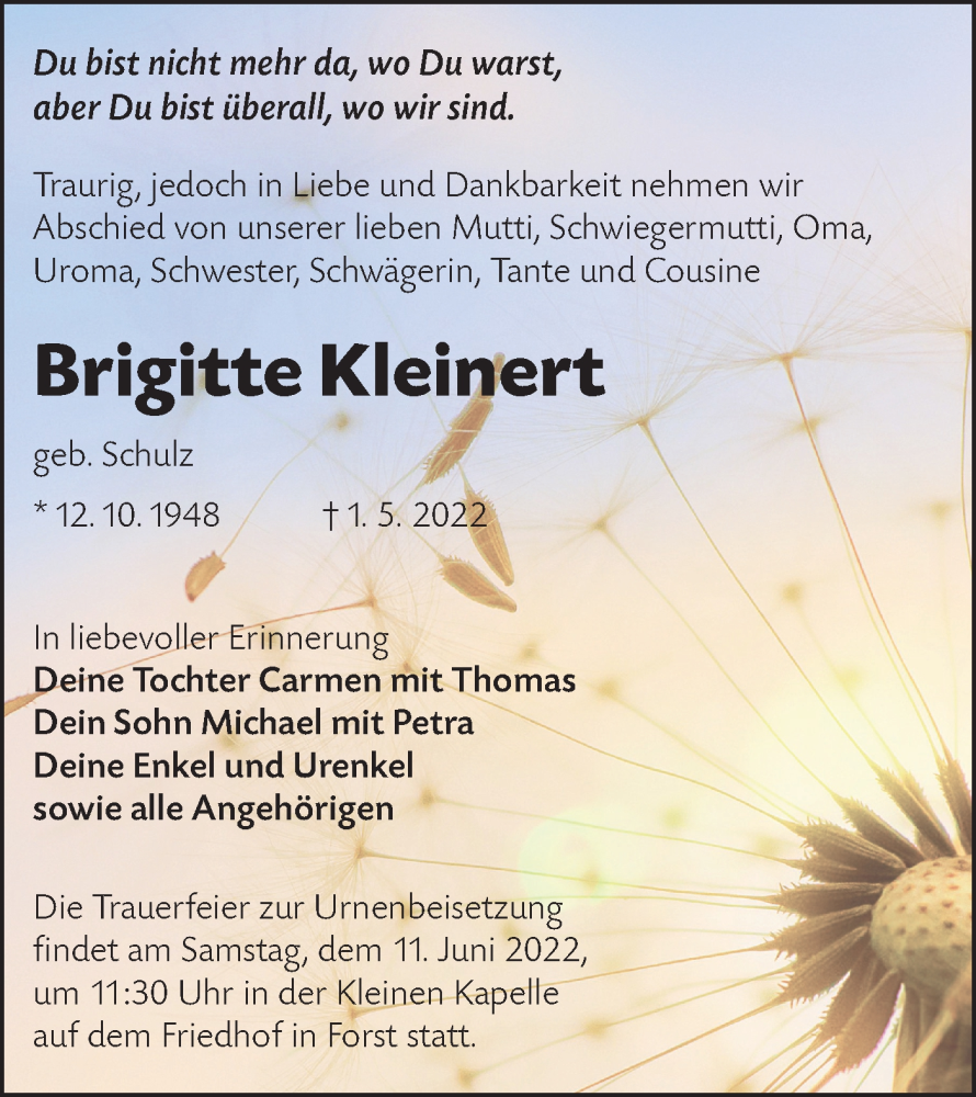  Traueranzeige für Brigitte Kleinert vom 28.05.2022 aus lausitzer_rundschau