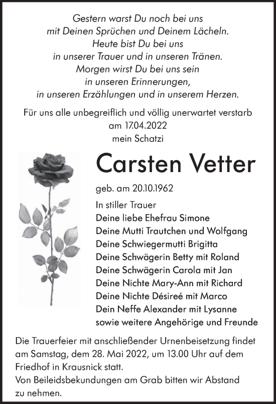 Traueranzeige von Carsten Vetter von lausitzer_rundschau