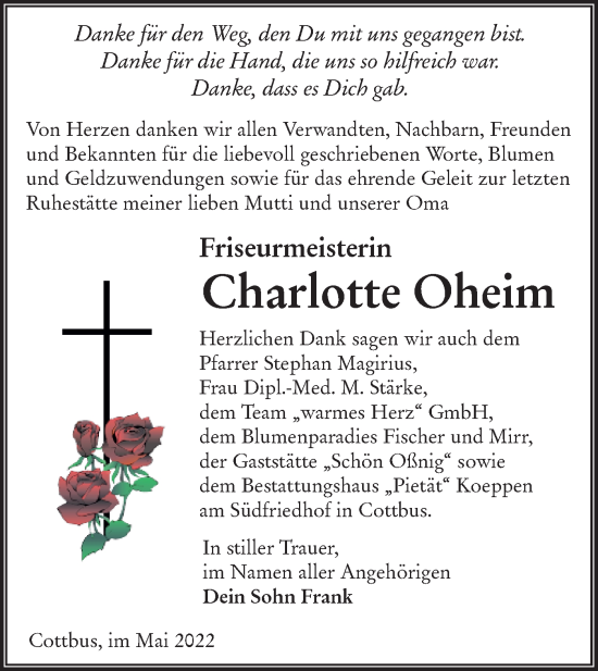Traueranzeige von Charlotte Oheim von lausitzer_rundschau