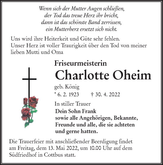 Traueranzeige von Charlotte Oheim von lausitzer_rundschau