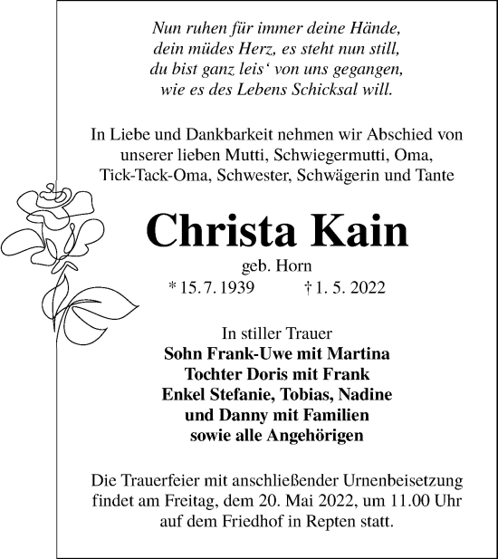 Traueranzeige von Christa Kain von lausitzer_rundschau