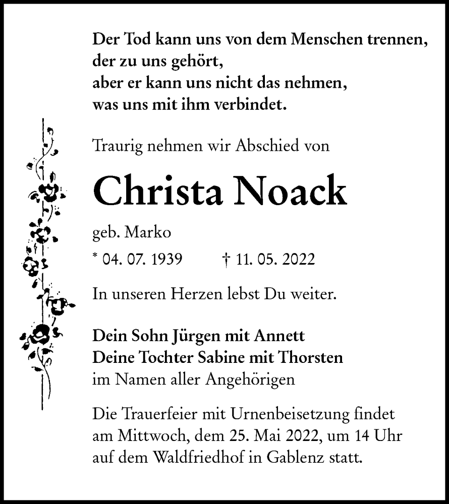  Traueranzeige für Christa Noack vom 18.05.2022 aus lausitzer_rundschau