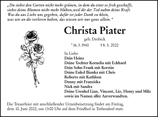 Traueranzeige von Christa Piater von lausitzer_rundschau