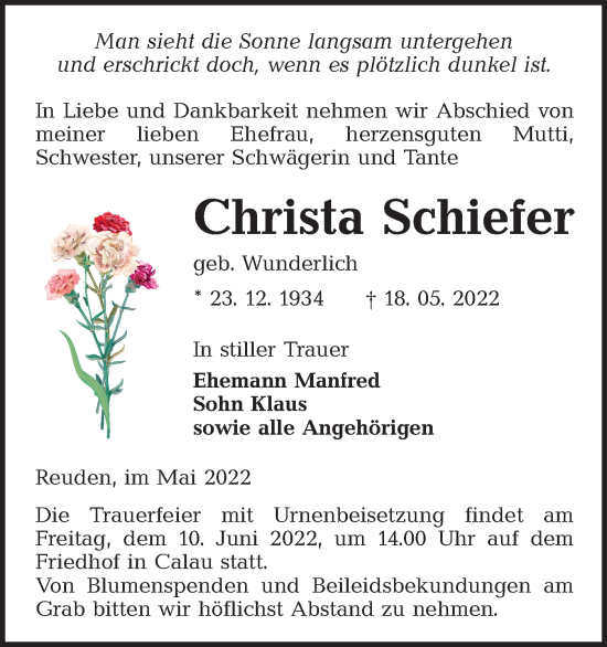 Traueranzeige von Christa Schiefer von lausitzer_rundschau