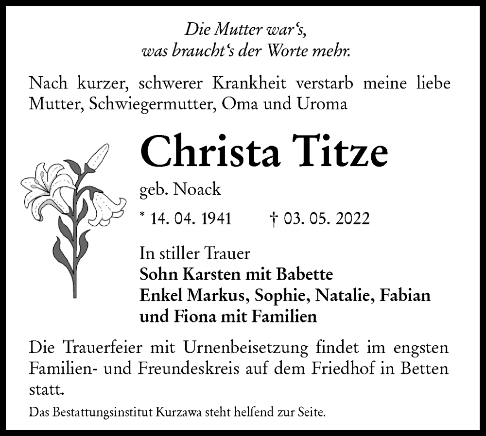  Traueranzeige für Christa Titze vom 14.05.2022 aus lausitzer_rundschau