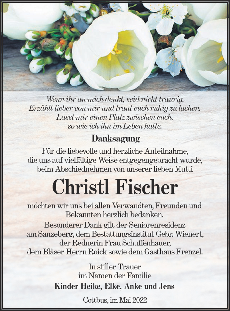 Traueranzeige für Christl Fischer vom 21.05.2022 aus lausitzer_rundschau