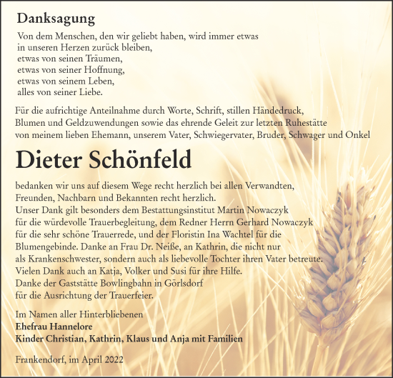 Traueranzeige von Dieter Schönfeld von lausitzer_rundschau