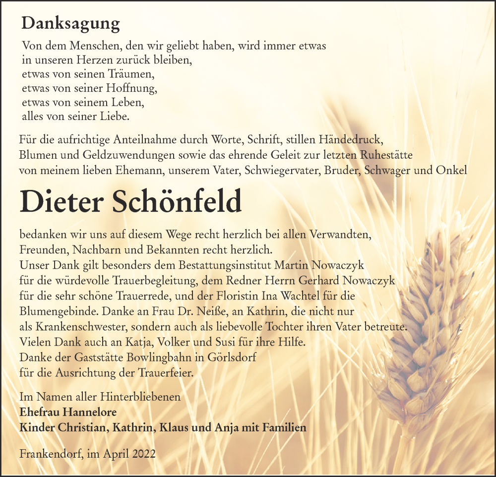  Traueranzeige für Dieter Schönfeld vom 07.05.2022 aus lausitzer_rundschau